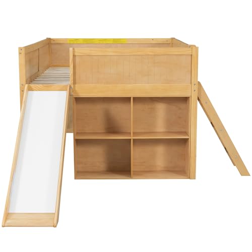 Merax Full Size Loft Bed with Slide & Stairs, Low Loft Bed for Kids, Solid Wood Bed Frame with Storage Shelve, Guard Rails, Slat Support & Under-Bed Play Space, No Box Spring Needed, Natural Merax
