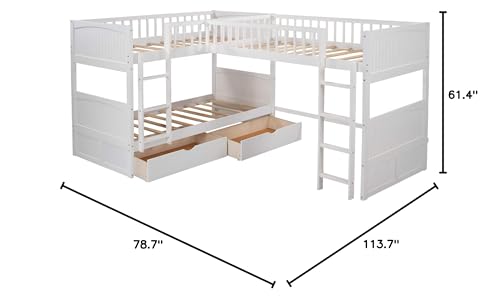 Merax L Shaped Solid Wood Bunk Bed, Twin Over Twin Over Twin Bed with 2 Drawers and 2 Ladders, Twin Size Bunk Bed with a Loft Bed Attached, White Merax