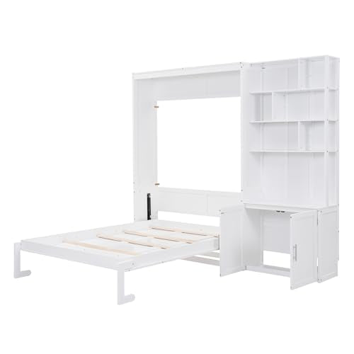 MERITLINE Full Murphy Bed with Cabinet and Storage Shelves, Wood Hideaway Murphy Wall Bed with Storage Bookcase for Adults (White,Full) MERITLINE