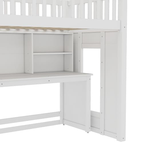 Bellemave Twin Size Low Loft Bed with Movable Desk & Storage Shelves, Kids Twin Loft Bed Frame with Storage Stairs & Hanger, White Bellemave