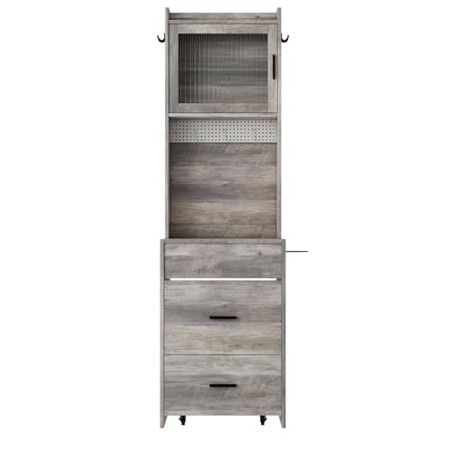 Karl home 3 in 1 Vanity Desk with Fold-up Panel Lighted Mirror, Small Vanity Table Set with Hidden Storage Stool Charging Station for Bedroom, Compact Corner Vanity Set with Storage Cabinet, Gray Karl home