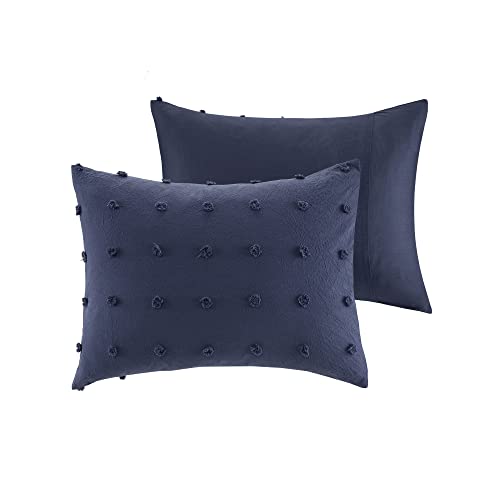 Intelligent Design Duvet Set 100% Cotton Jacquard, Tufts Accent, Shabby Chic All Season Cover for Comforter, Matching Shams, Decorative Pillows, Full/Queen (88 in x 92 in), Navy 7 Piece Intelligent Design