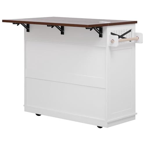 Ball & Cast Farmhouse Kitchen Island with Drape of Beads & Power Outlet, Rolling Kitchen Cart on 5 Wheels, 3 Drawers, Internal Iron Shelf & Towel Rack, for Kitchen & Dining Room, White Ball & Cast