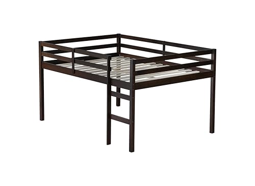 Full Loft Bed with Ladder,Rubber Wood Kids Bed with Guardrails,Low-Profile Lofts for Children’s Room,Space-Saving Underbed Storage,Sturdy Construction,Minimalist Design for Bedroom, Espresso GDFStudio