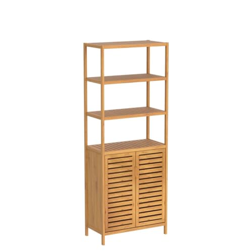HIFIT Bamboo Tall Storage Cabinet with 2 Doors and 3 Tiers for Bathroom and Home Organisation HIFIT