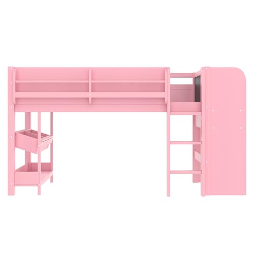 Bellemave Twin Loft Bed with Storage Boxes and Bookshelves, Solid Wood Kids Loft Bed with Desk and Blackboard, Low Loft Beds Frame for Kids, Girls, Boys, Childlike Design, Pink Bellemave