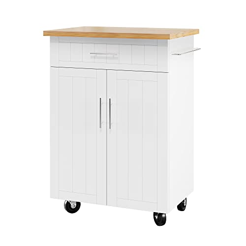 Shintenchi Kitchen Island Cart with Storage,Rolling Side Table on Wheels with Large Worktop, Cabinet,Towel Rack and Drawers for Kitchen,Dinning Room, White Shintenchi