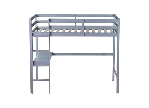 Twin Size High Loft Bed with Built-in Desk,Rubber Wood Loft Beds for Kids with Ladder & Safety Guardrail,Space-Saving Study and Sleep Combination,Wooden Frame for Bedrooms,Easy Assembly,Grey GDFStudio