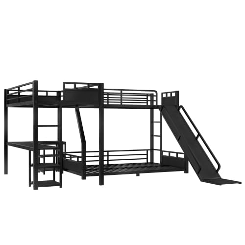 Metal Triple Bunk Beds with Slide, Desk and Storage Shelves, L-Shaped Twin Over Full Bunk Bed with 2 Ladders and Guardrails for Kids Teens, Noise-Free Design (Black, Twin/Full) CITYLIGHT