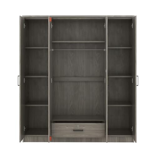 BIADNBZ Wardrobe Closet with Drawer, Hanging Rail and 4 Doors, Wooden Storage Clothes Cabinet w/Shelves for Bedroom Guest Room, 59.2" L x 19.2" W x 67.9" H, Gray BIADNBZ