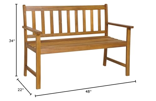 HAPPYGRILL Patio Wood Bench with Ergonomic Backrest & Armrests, 2-Person Outdoor Bench, All-Weather Acacia Wood Frame, Loveseat Outside Bench for Garden Balcony Poolside Porch Deck HAPPYGRILL