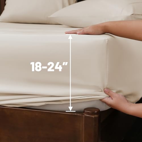 Overket Extra Deep Pocket King Sheets 18-24 Inch 100% Egyptian Cotton 1000 Thread Count Sateen Weave Soft Breathable 4 Pieces(King,Linen) Overket