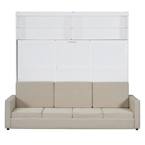 LZ LEISURE ZONE Queen Size Murphy Bed, Wooden Queen Murphy Bed with Sofa, Cushion and Shelves, White LZ LEISURE ZONE