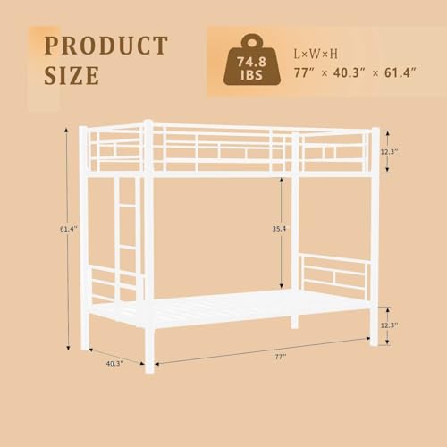 HomJoones Metal Bunk Bed Twin Over Twin Sturdy Heavy Duty Bunk Beds with 2 Side Ladders,Space Saving,No Box Spring Needed,for Boys Girls Teens Adults, Bedroom, Dormitory (White) HomJoones