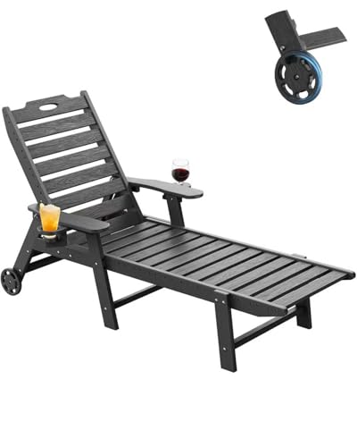 Carauci Lounge Chair Outdoor, HDPE Chaise Lounge with Wheels, 5-Position Adjustable Backrest & 2 Cup Holders Patio Lounge Chair, All-Weather Pool Sun Lounger for Poolside, Backyard, Black
