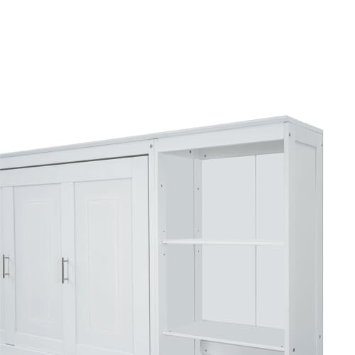 Ball & Cast Full Size Murphy Bed Wood Hideaway Cabinet Platform Bedframe with Desk and Bookshelf,Wall Chest w/Slat Support & Storage Racks,can be Folded,Space-Saving,for Small Room,Dorms,White Ball & Cast