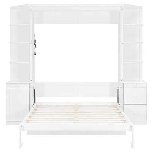 Merax Queen Size Murphy Bed with Desk and Storage, Hidden Foldable Wall Bed with Foldout Workstation, Shelves and Cabinets for Space-Saving Home Office Guest Room, White Merax