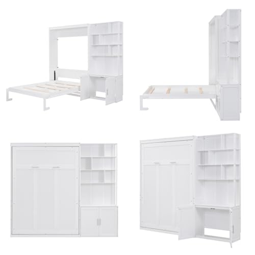 Merax 83.8" Tall Solid Wood Full Size Murphy Bed Cabinet with Multiple Storage Shelves and Cabinet, Foldable Hidden Platform Bedframe for Home, Bedroom, Small Room, Apartment Merax