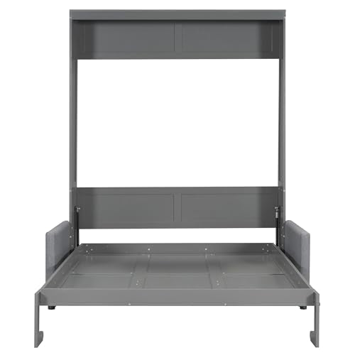 P PURLOVE Queen Wood Murphy Bed with Sofa, Wall Bed Without Slats, No Box Spring Needed (Gray) P PURLOVE