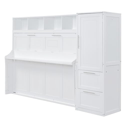 YOPTO Queen Size Horizontal Murphy Bed,Hidden Folding Wall Bed Frame with Built-in Top Shelf,Side Wardrobe & 2 Storage Drawers,Multipurpose Platform Bed,Space Saving,for Guest Room,Home Office,White YOPTO