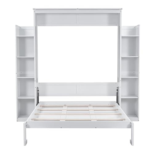 HABITRIO Queen Size Murphy Bed, Wooden Queen Murphy Bed Wall Bed with LED Lights and Shelves, White HABITRIO
