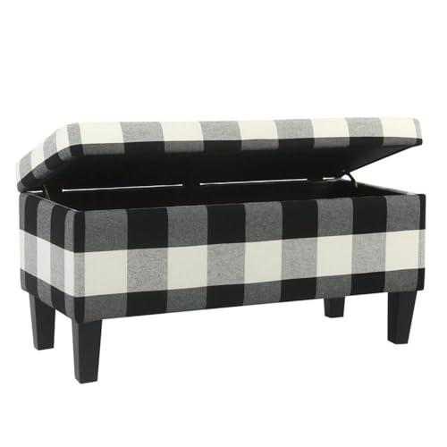 HomePop Large Upholstered Rectangular Storage Ottoman Bench with Hinged Lid, Black Buffalo Plaid HomePop