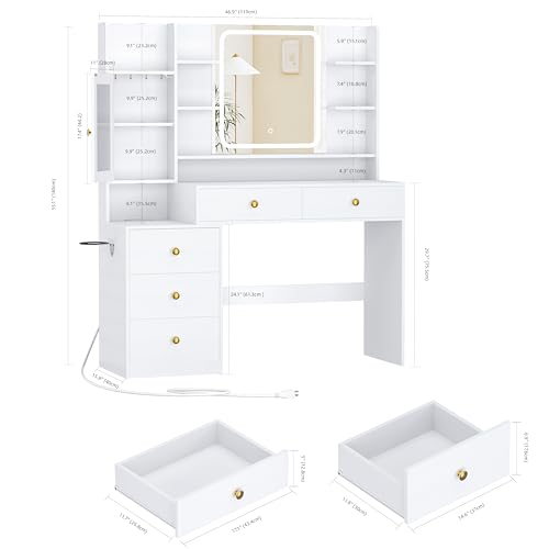 Makeup Vanity Desk with Mirror and Lights, 47'' Large Vanity Table with 5 Drawer, RGB Cabinet, Power Outlet, Jewelry Hook, 3 Light Mode & Brightness Adjustable, Bedroom Dressing Table for Girls, White Keehusux