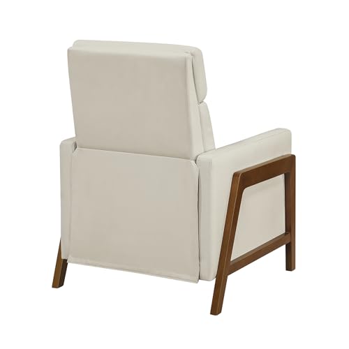 Lexicon Push Back Recliner Chair, Faux Leather Upholstered Reclining Chair with Footrest, Exposed Dark Brown Finish Wood Frame, Small Recliner for Small Space, Living Room, Bedroom, Light Beige