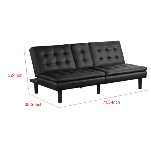 Benzara Berie Futon Sofa Bed, Drop-Down Tray, Cupholder, Black Faux Leather Benzara