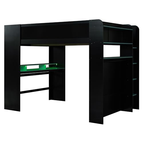 Bellemave Full Loft Bed with Height-Adjustable Desk,Wardrobe,Ample Storage Space,and RGB Light, Gaming loft Bed with Desk, Black+Blue Bellemave