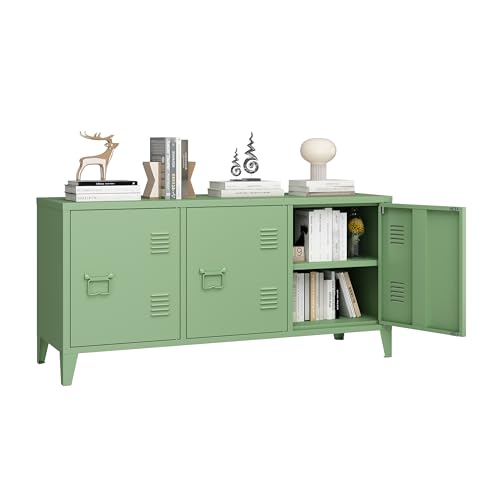 MIOCASA Metal Storage Cabinet,3 Door TV Stand, Metal TV Cabinet with Storage Locker,Low Corner Cabinet with Handles and Shelf for Home,Office(Green) MIOCASA