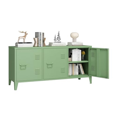 MIOCASA Metal Storage Cabinet,3 Door TV Stand, Metal TV Cabinet with Storage Locker,Low Corner Cabinet with Handles and Shelf for Home,Office(Green)