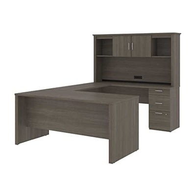 Bestar Logan U or L-Shaped Executive Office Desk with Pedestal and Hutch, Table Workstation for Personal Home Workspace, 66W, Bark Grey