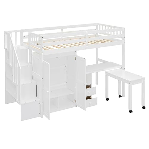 Merax Kids Twin Multifunction Loft Bed with Desk/Wardrobe, Wood Storage Loft Bed with Staircase, Bookshelf & Drawers, No Box Spring Needed, Space Saving, White Merax