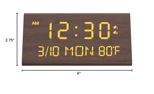 Kogonee Wooden Digital Alarm Clock, 0-100% Dimmer, 2 Alarm Settings, Weekday/Everyday Mode, 9 Mins Snooze, 12/24H, Temperature and Date Display for Office, Travel, Bedroom Alarm Clock (Brown) Kogonee