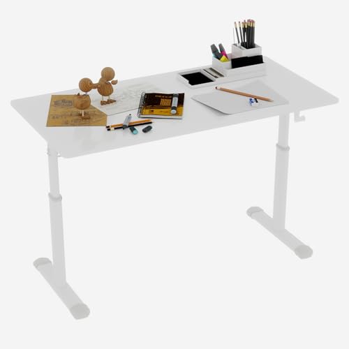 Penau Adjustable Height Standing Desk, Manual Crank Sit to Stand Computer Desk, Minimalist White Engineered Wood Top, T-Shape Iron Frame for Home Office, 47.24 x 23.62 x 35.43 Inchs. Penau