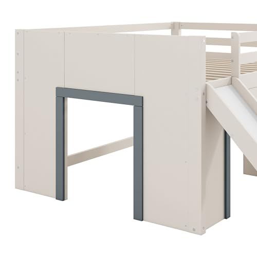 Quarte Full Size Kids Low Loft Bed with Slide,Three Storage Drawers and Two Doors,Solid Wood & MDF Construction, No Box Spring Needed Quarte