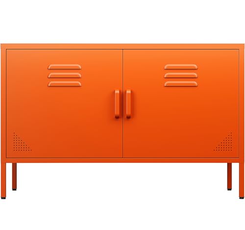 SISESOL Orange Metal Storage Cabinet with Doors and Shelves,2 Door Wide Metal Locker Accent Storage Cabinet with Leg & Vent Hole,Wide TV Cabinets,Low Side Cupboard for Home,Office,Dining/Living Room SISESOL