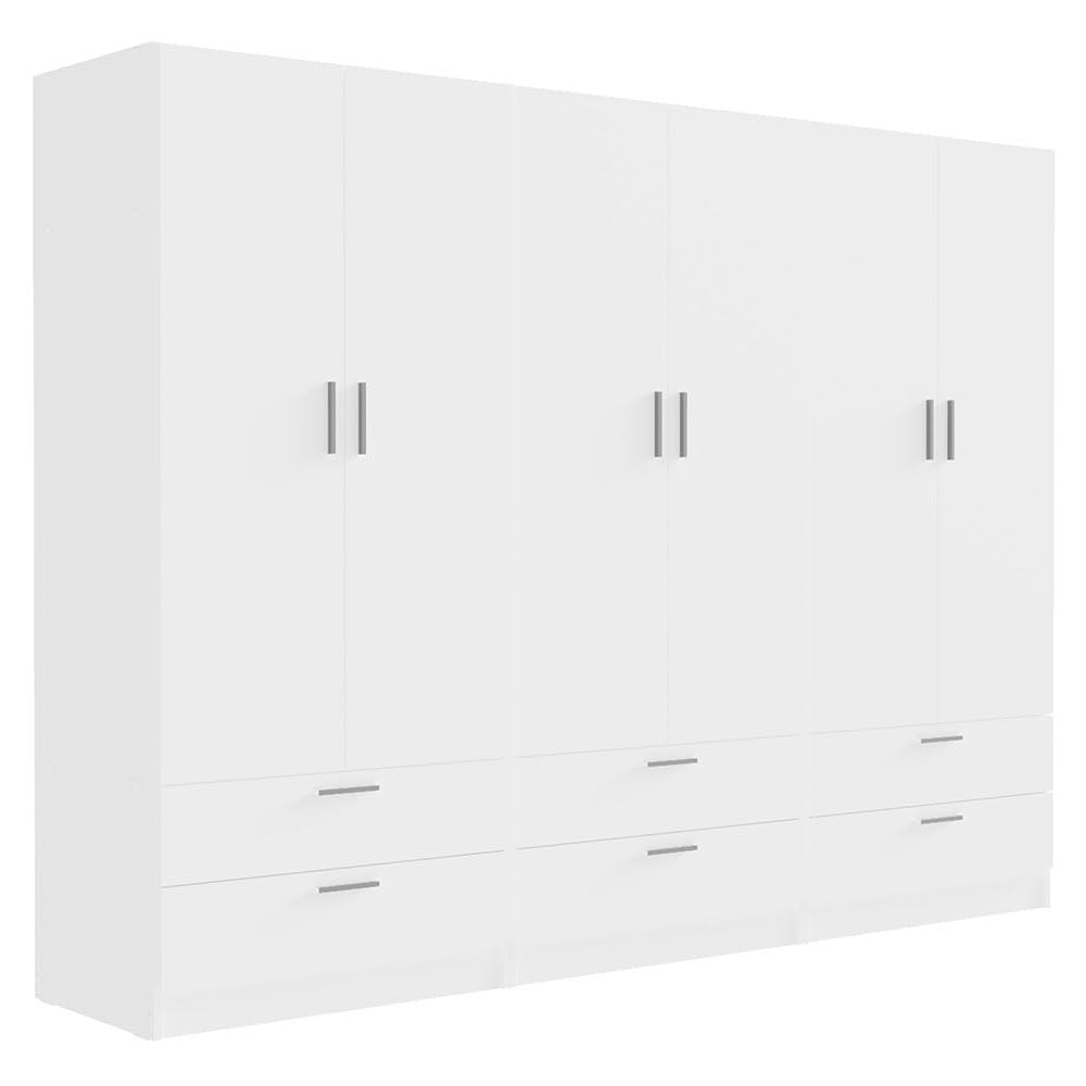 Madesa 6 Doors 6 Drawers Storage Cabinet Wardrobe with Shelves and Hanging Space 94" L Wooden Armoire Closet Organization Unit for Bedroom and Office (White) Madesa