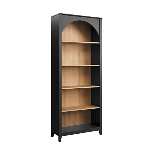Prepac Ark 78" Tall 5-Tier Arched Bookcase, Black Oak with Oak Finish Interior, Modern Storage Accent Bookshelf with 3 Adjustable Shelves for Home, Office, Living Room, Bedroom Prepac