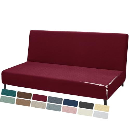 ZNSAYOTX Stretch Fit Futon Cover (67"-82") Armless Futon Sofa Bed Slipcover with Elastic Band, Universal Foldable Sofa Mattress Protector Full Queen Size, Washable Comfort Jacquard (Wine Red) ZNSAYOTX