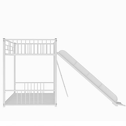Bellemave Bunk Bed with Slide, Metal Twin Over Twin Bunk Bed with Slide and Ladder, Made of Heavy Duty Steel, for Girls Boys Teens – White Bellemave