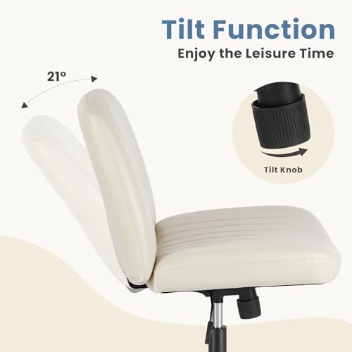 DUMOS Criss Cross Chair Legged Office Wide Comfy Desk Seat, No Wheels Armless Computer Task Seating, Swivel PU Leather Vanity Home Height Adjustable DUMOS
