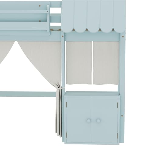 Harper & Bright Designs Twin Size Low Loft Bed for Kids, Solid Wood Loft Bed Frame with Built-in Bookshelf, Storage Shelf, Curtain, Guardrail and Ladder for Boys Girls, Easy Assembly, Light Blue Harper & Bright Designs