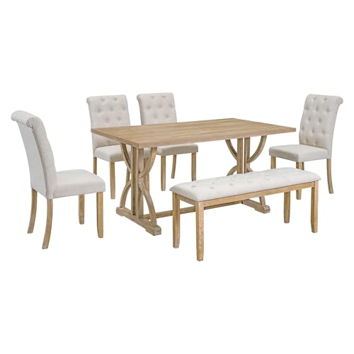Merax 6-Piece Retro Rectangular Dining Table Set, Table with Unique Legs and 4 Upholstered Chairs & 1 Bench for Dining Room and Kitchen, Natural Wood Wash Merax