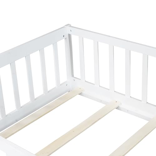 Twin Floor Bed with Slats, Fence and Door, Twin Size Montessori Floor Bed for Kids, Girls, Boys, Easy Assemble Montessori Bed Frame(Twin White) Bellemave