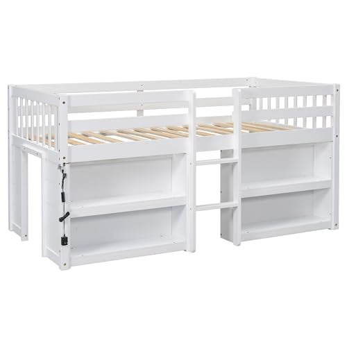 HZANHY Modern Farmhouse Twin Low Loft Bed with Storage, Stairs, Two-Tier Shelves, and LED Light for Kids HZANHY