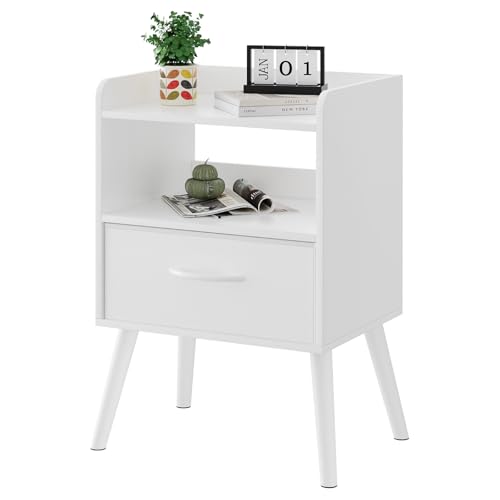 White Nightstand with Open Shelf,Small Night Stand Bedroom Bedside Table with Drawer Storage,Side Table End Table with Solid Wood Feet,Mid Century Night Stands for Office Home Sofa Couch(White) Huhote