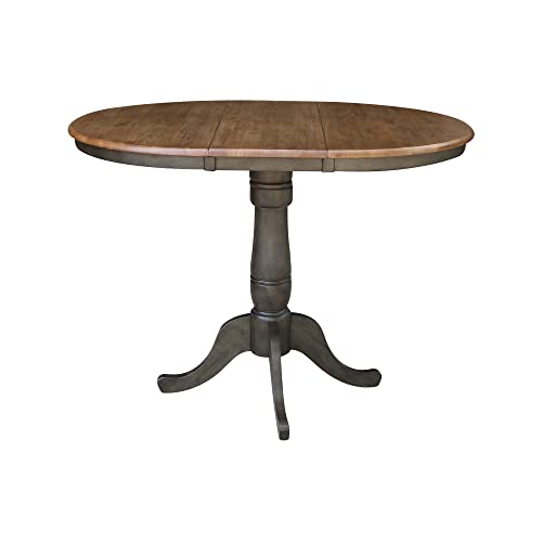 IC International Concepts 36" Round Top Pedestal 12" Leaf-35.3" H-Counter Height Dining Table, Hickory/Washed Coal IC International Concepts