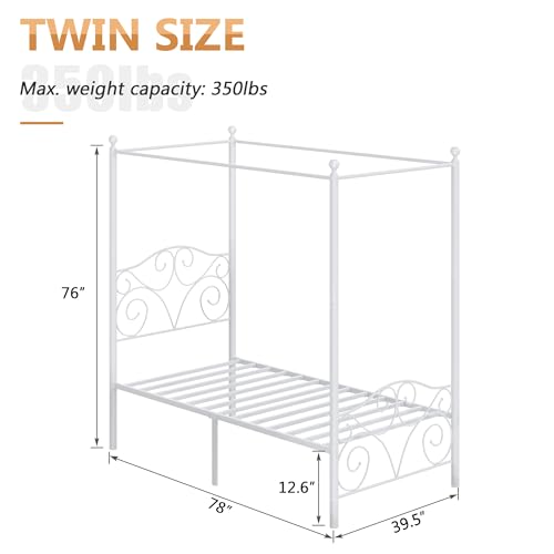 VECELO Metal Canopy Bed Frame Twin Size, 4 Posters Platform Mattress Foundation with Headboard, Heavy Duty Steel Slats Support, No Box Spring Needed, White